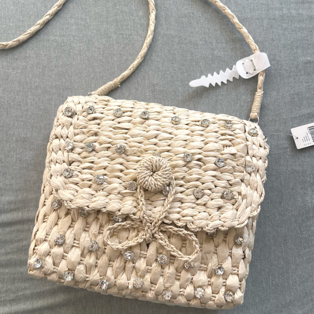 Anthropologie Embellished Straw Crossbody‎ Bag NWT Tan Cream Woven - Picture 5 of 11